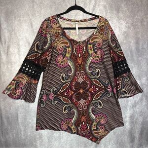 NY Collection Women’s Asymmetrical Paisley Print Bell Sleeve Tunic Size Large